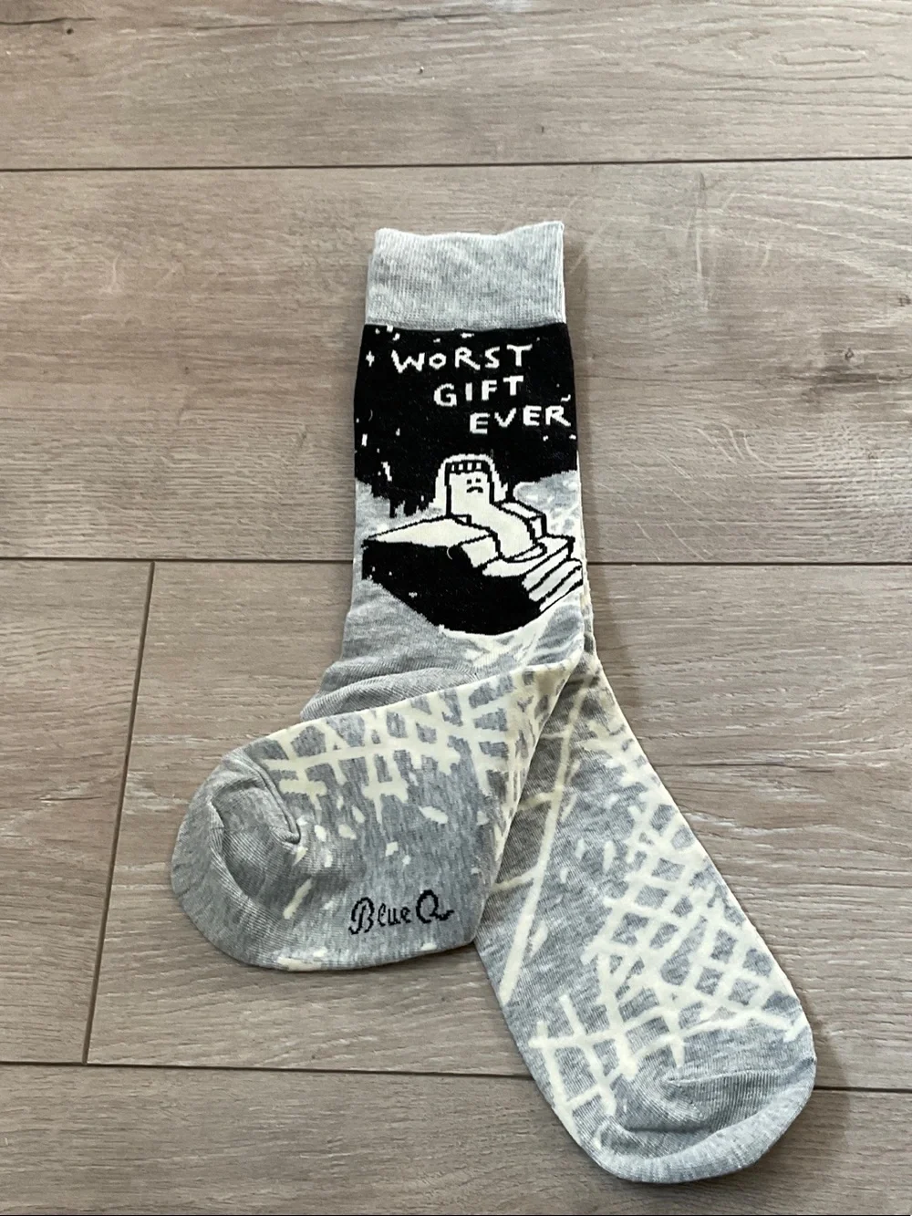 Brand new no tag Blue Q Grey and Black 'Worst Gift Ever' Novelty Crew Socks